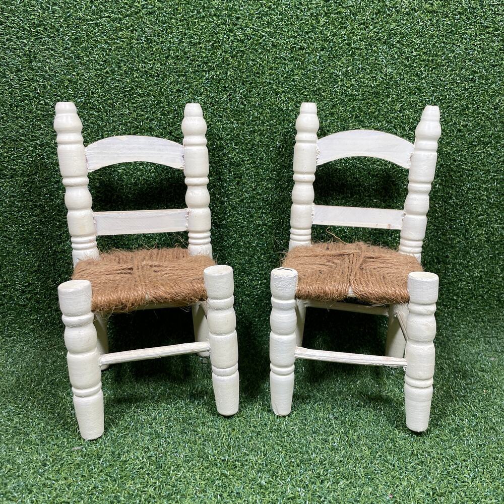 Vintage Lot Wood Chair Painted White Jute Woven Seat Doll Furniture